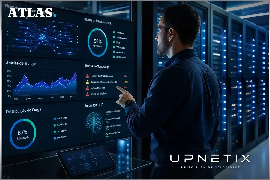 Data center com servidores e painéis digitais mostrando automação e inteligência artificial em cibersegurança