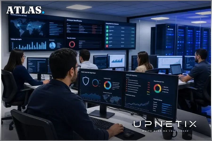 Técnicos de TI monitorando servidores e alertas de segurança em empresa brasileira.