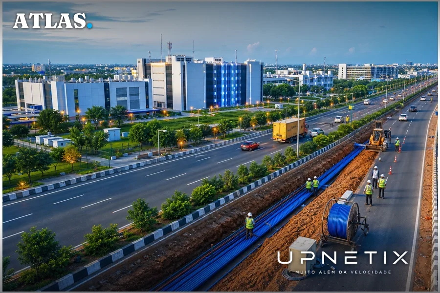 Vista aérea realista do corredor Mumbai-Pune-Hyderabad-Chennai com infraestrutura de fibra óptica e data centers