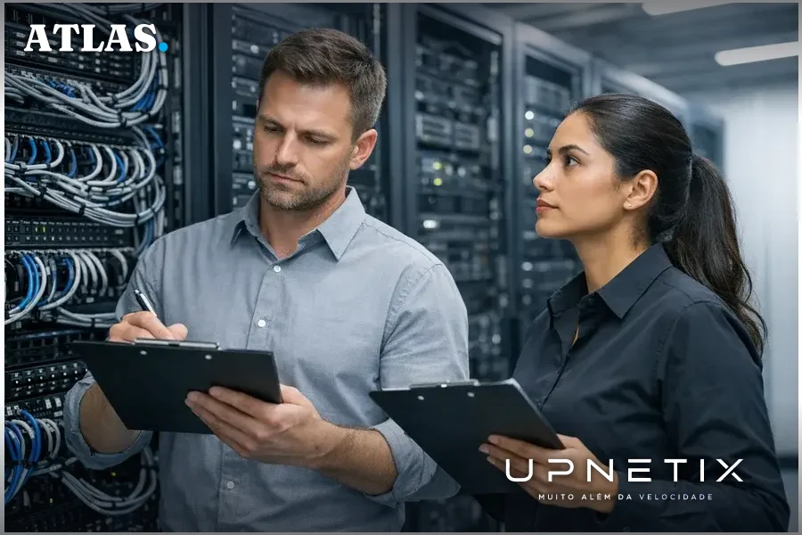 Profissionais inspecionando equipamentos de rede em um datacenter