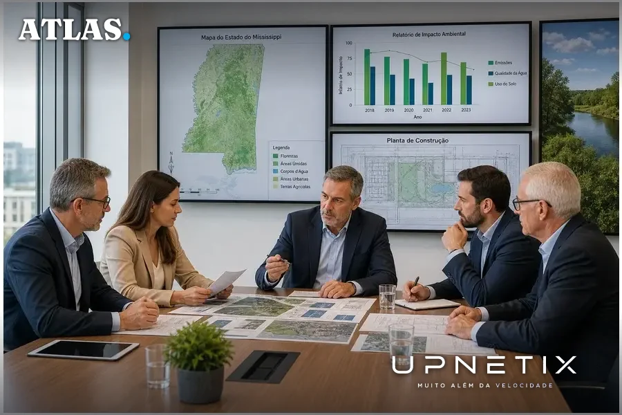 Executivos em reunião discutindo mapas e documentos ambientais sobre projetos no Mississippi