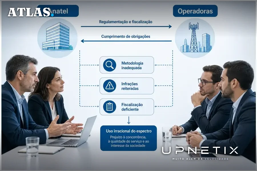 Diagrama explicativo do processo regulatório da Anatel com falhas na fiscalização e metodologia de avaliação do espectro.