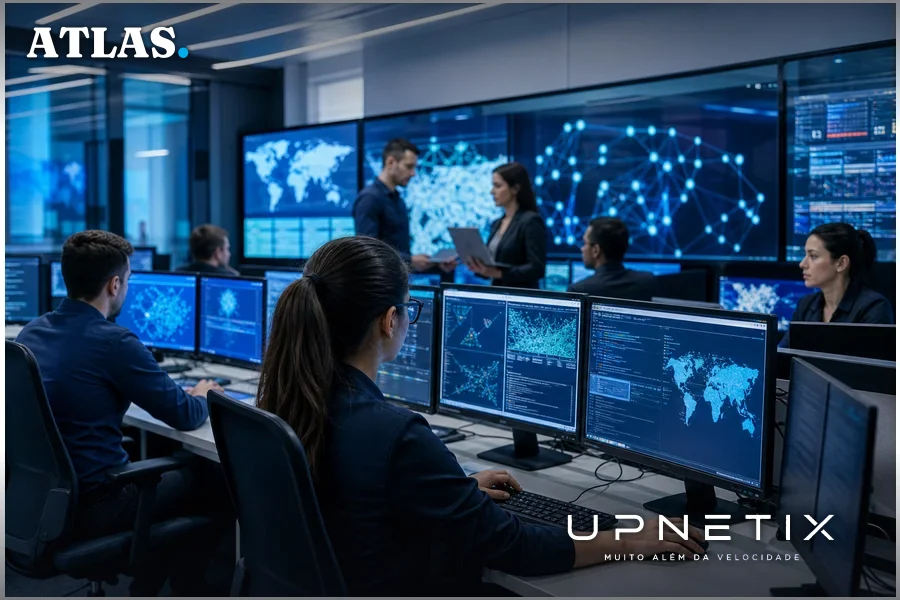 Sala de operações cibernéticas com profissionais analisando dados em monitores em ambiente corporativo realista.