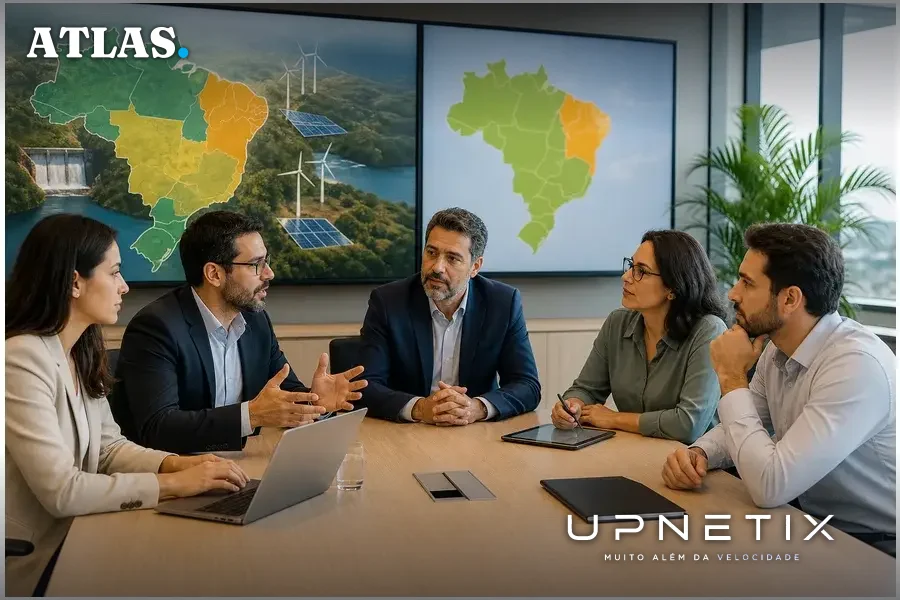 Equipe corporativa reunida discutindo energia limpa e contrapartidas para data centers nas regiões Norte, Nordeste e Centro-Oeste do Brasil.