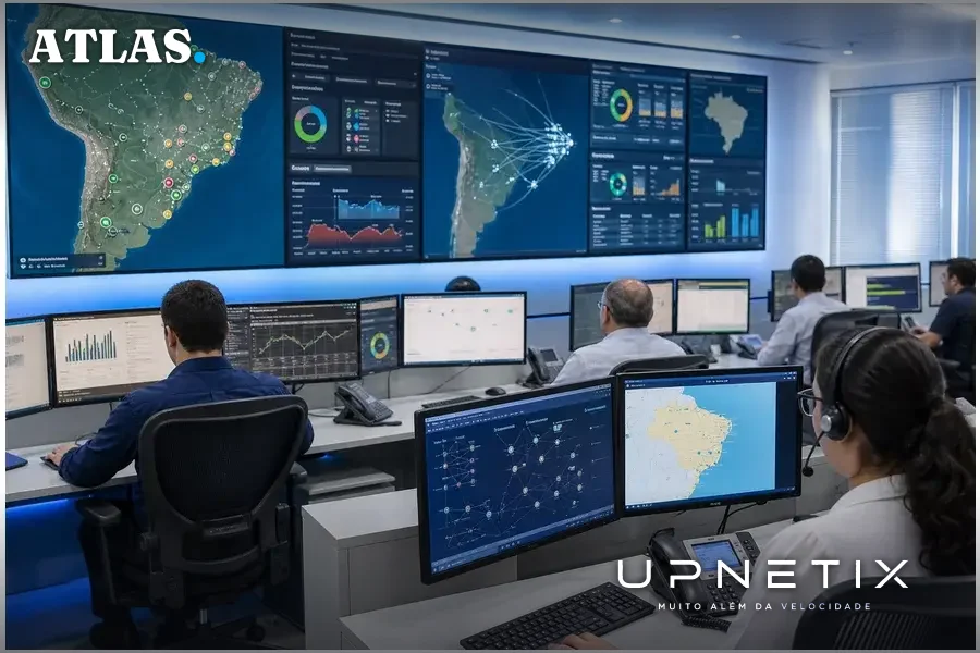 Sala de controle de telecomunicações com operadores monitorando redes em ambiente moderno e corporativo.