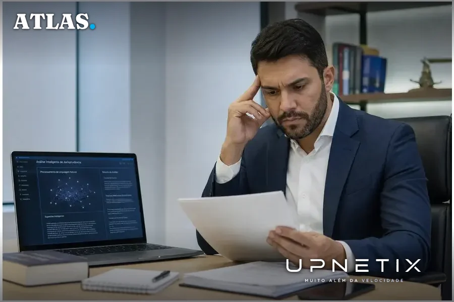 Advogado brasileiro revisando documentos e sistemas de IA judicial em escritório moderno.