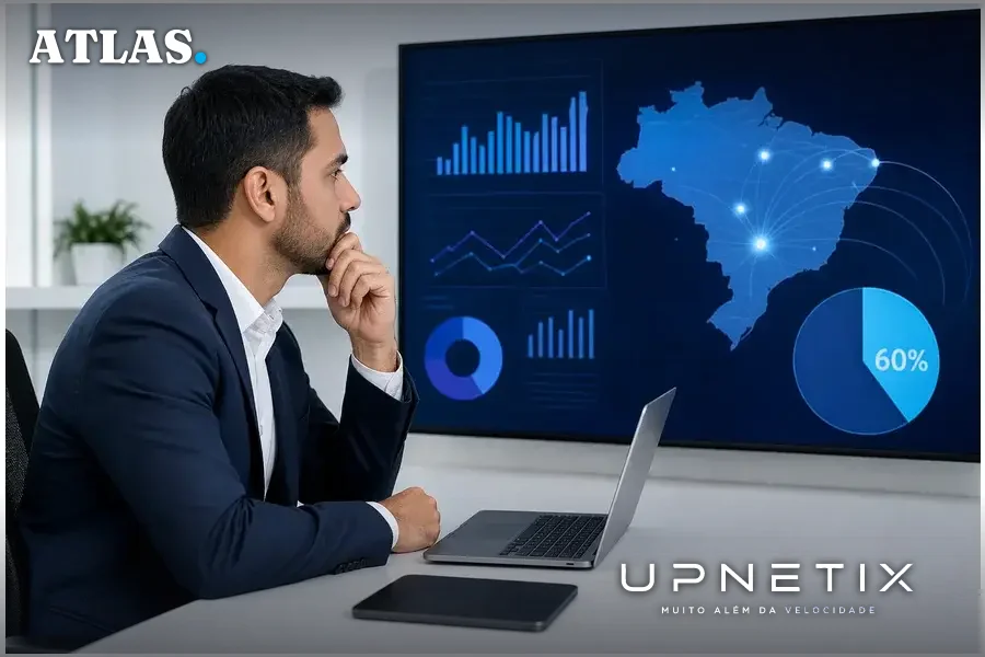 Executivo brasileiro analisando dados sobre processamento de dados no exterior em ambiente corporativo moderno