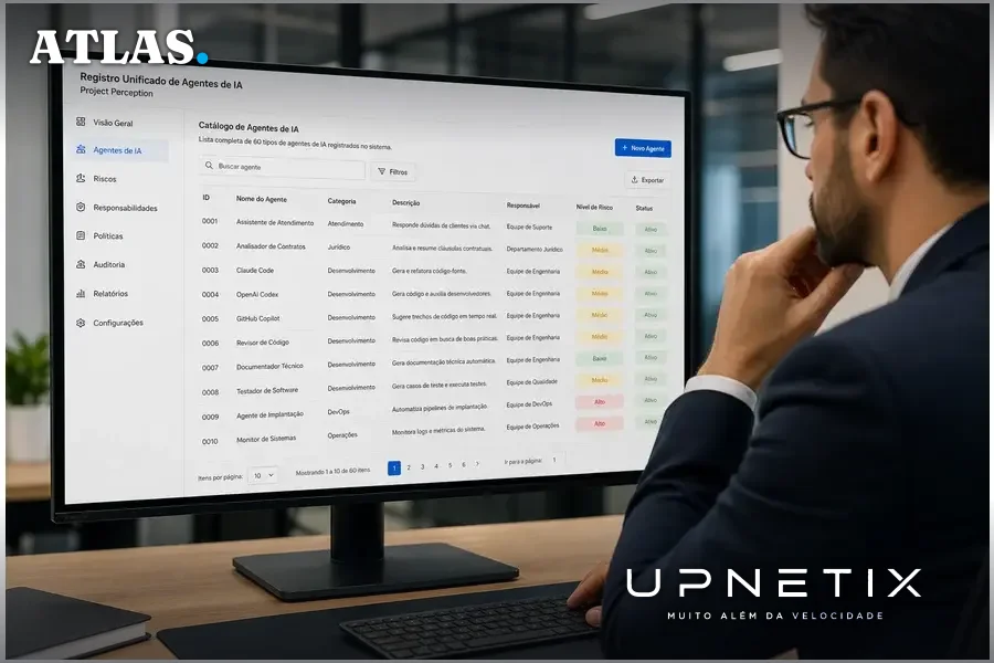 Tela com lista unificada de agentes de IA do Project Perception mostrando tipos e rastreamento de riscos