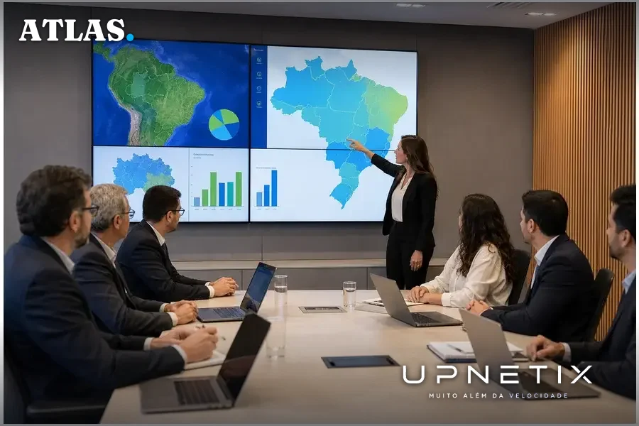 Reunião de especialistas e representantes municipais discutindo digitalização com mapas digitais do Brasil em telas.