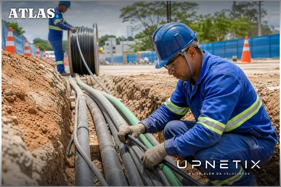 Cabos de fibra óptica subterrâneos protegidos em obra de infraestrutura