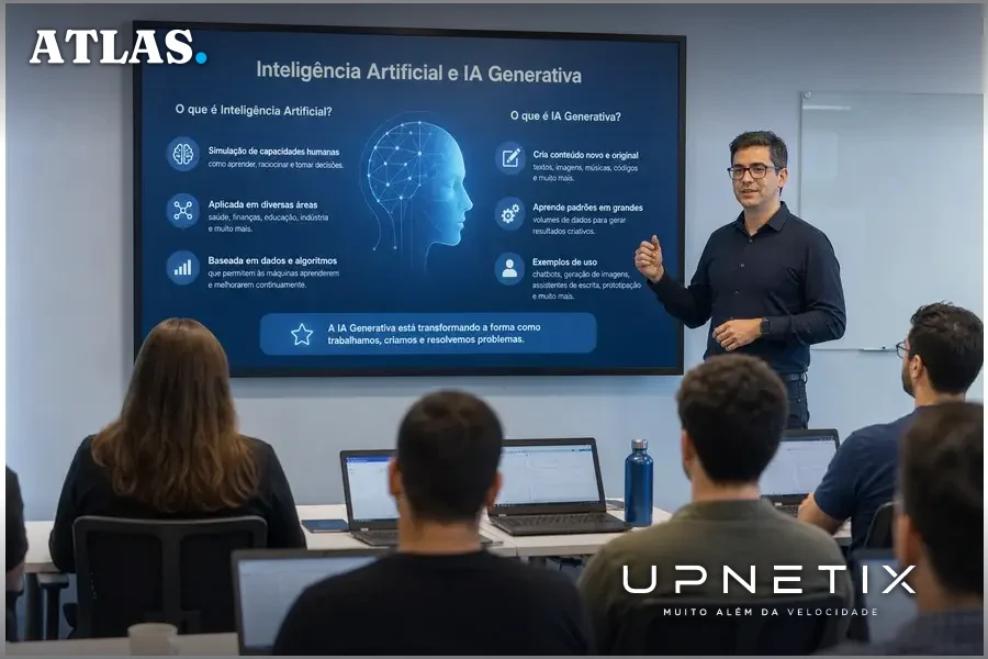 Sessão de treinamento corporativo em inteligência artificial para profissionais de bancos.