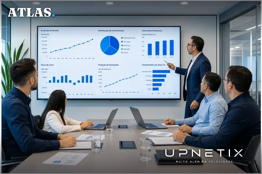 Executivos de ISPs em reunião corporativa discutindo investimentos em banda larga fixa.