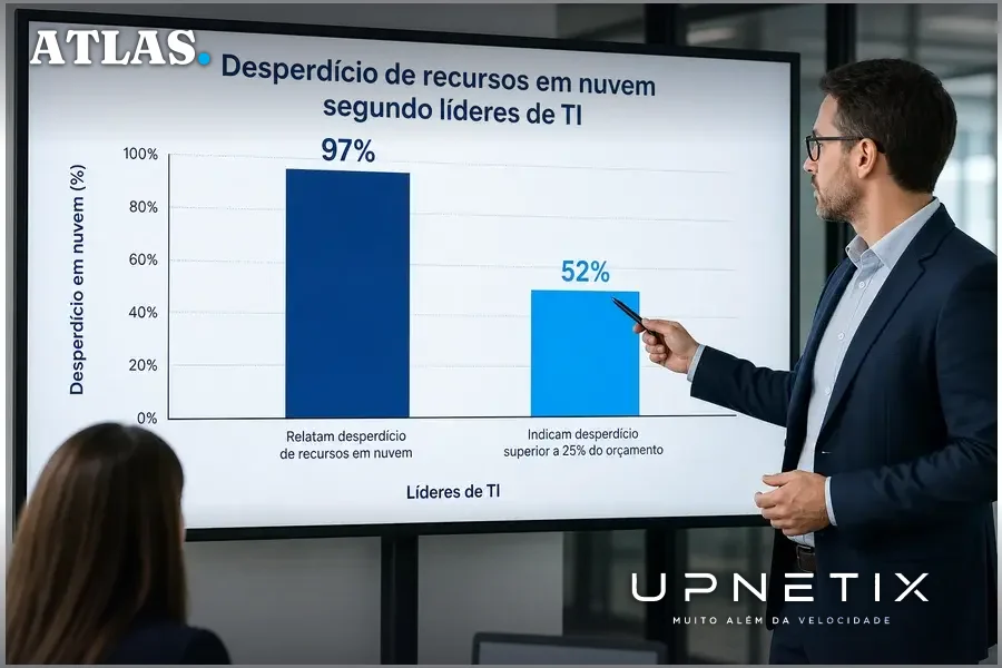Gráfico de barras mostrando percentual de líderes de TI que identificam desperdício em recursos de nuvem e orçamento desperdiçado.
