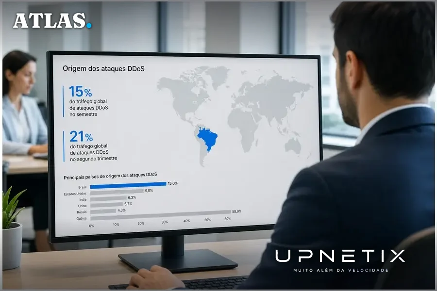 Mapa mundial em tela de computador, destacando o Brasil como principal origem dos ataques DDoS volumosos em 2026, em ambiente corporativo claro.