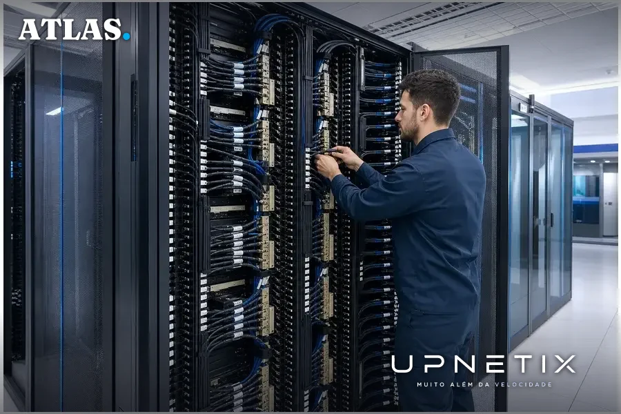 Rack de servidores Nvidia GB300 NVL72 em data center moderno com iluminação neutra.