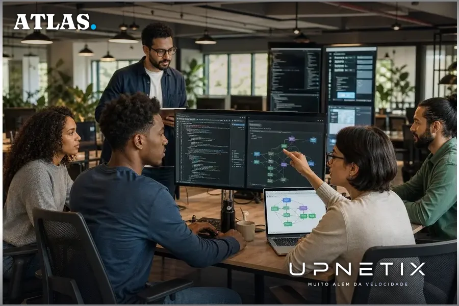 Equipe diversa de profissionais de tecnologia trabalhando com sistemas de IA em coworking moderno.