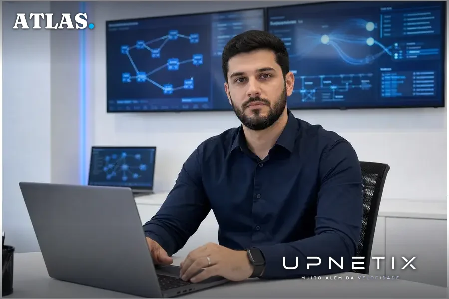 CTO Yago Tenorio em escritório com telas mostrando arquitetura modular de rede autônoma da Verizon.