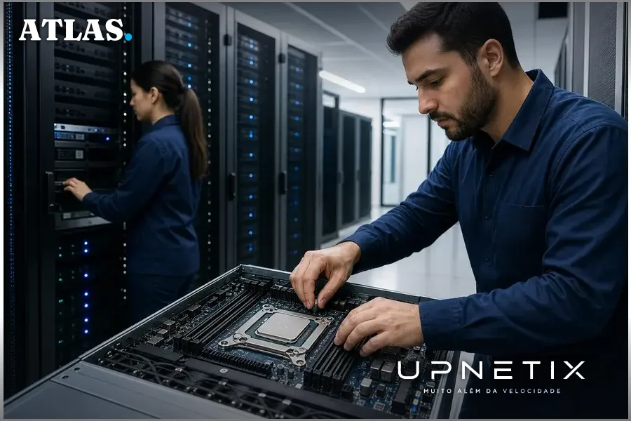 Data center moderno com servidores e CPU em destaque em ambiente corporativo.