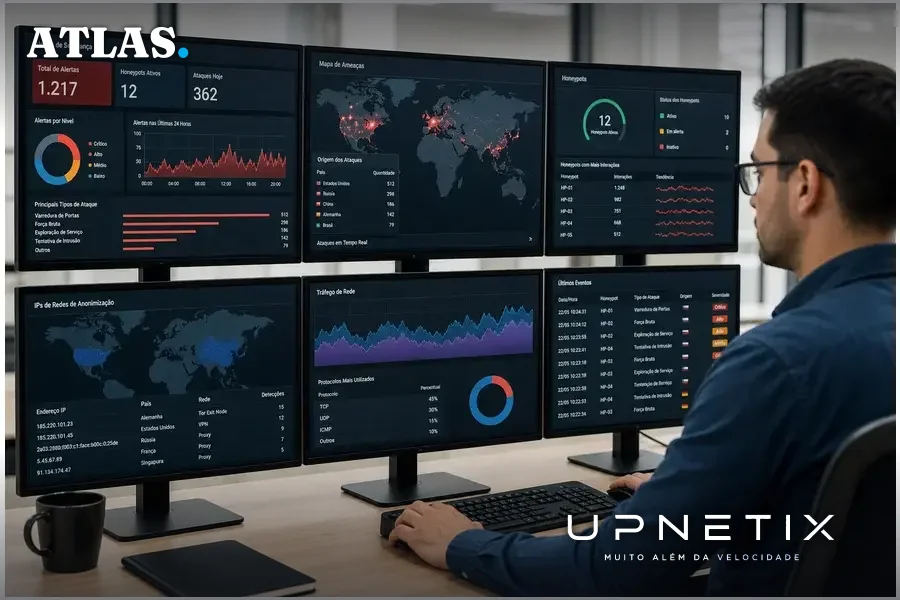 Dashboard de monitoramento de segurança com alertas de ataques a honeypots