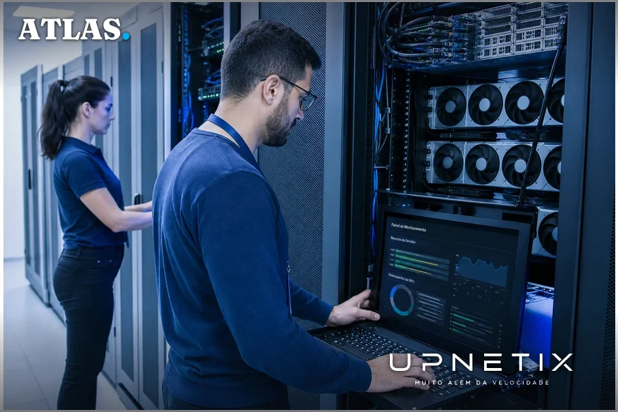 Infraestrutura de servidores com GPUs usadas para workloads de inteligência artificial em empresas.
