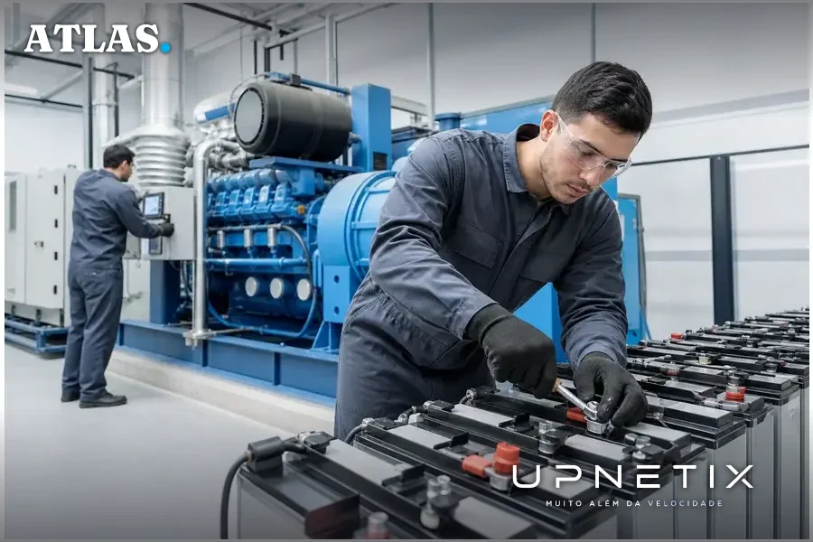 Técnicos realizando manutenção em sistemas de geração híbrida de energia em data center.