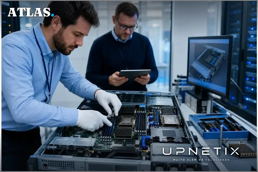 Servidor aberto mostrando aceleradores Intel QuickAssist Technology em ambiente de laboratório.