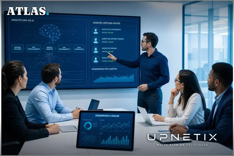 Equipe de profissionais de tecnologia discutindo agentes de IA em sala de reuniões corporativa moderna