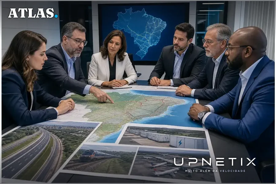 Executivos em reunião corporativa analisando mapas e documentos de projetos de infraestrutura no Brasil.