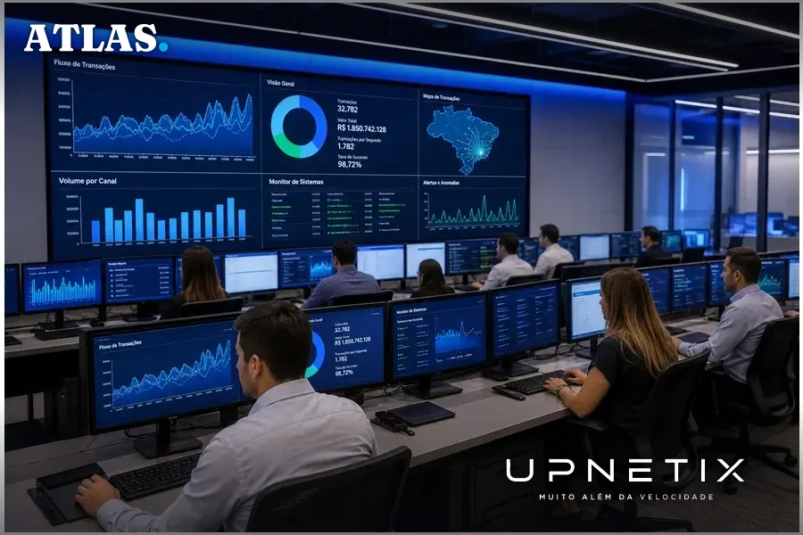Centro de operações de banco brasileiro com analistas monitorando transações em tempo real