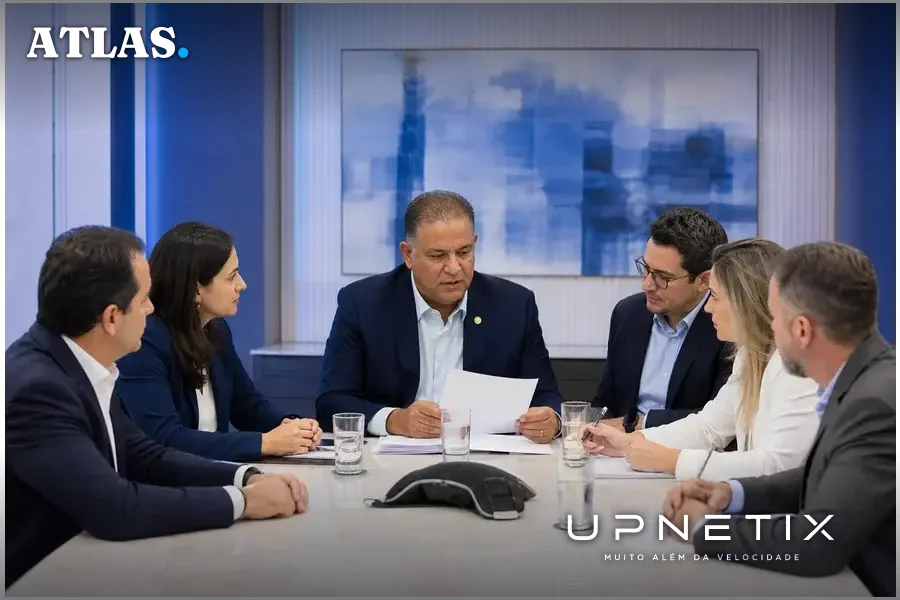 Senador Eduardo Gomes em reunião com executivos discutindo projeto de lei sobre data centers.