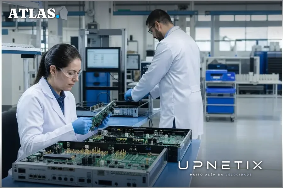 Engenheiros brasileiros em fábrica de equipamentos de telecomunicações.