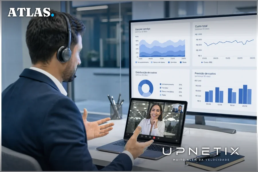 Gerente de sucesso atendendo cliente em videoconferência, mostrando monitoramento e suporte da plataforma TIM Cloud AI