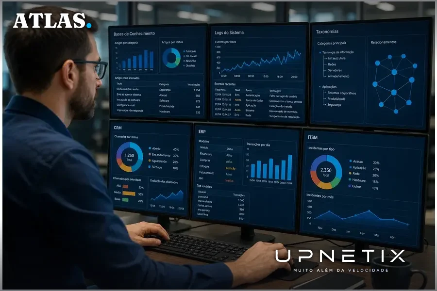 Profissional de TI analisando dados complexos em múltiplos monitores no escritório, evidenciando dados fragmentados em sistemas corporativos.