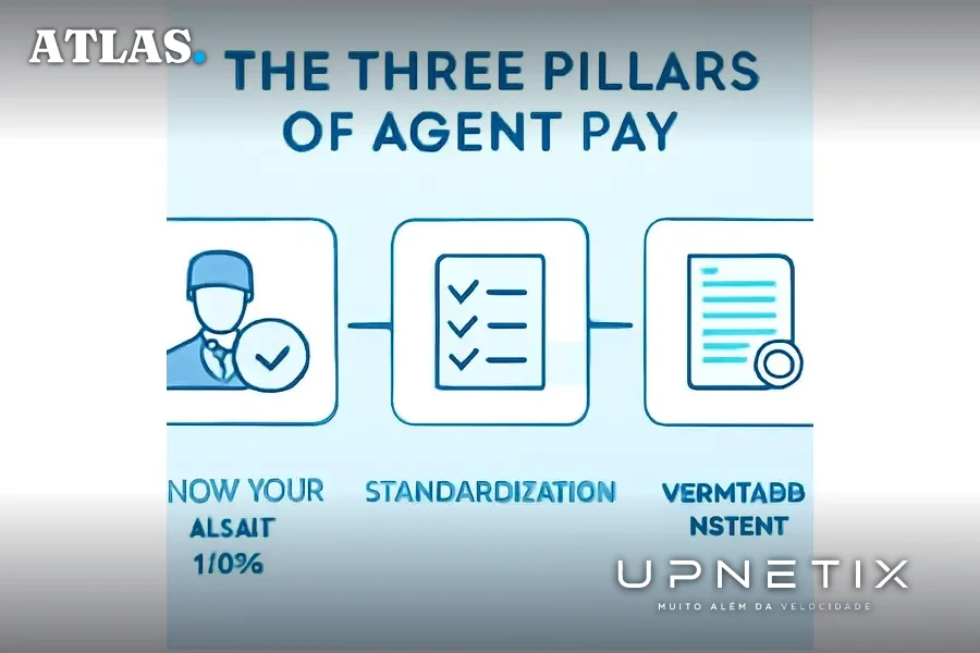 Diagrama realista explicando os pilares técnicos do Agent Pay com ícones representando KYA, padronização e intenção verificável.