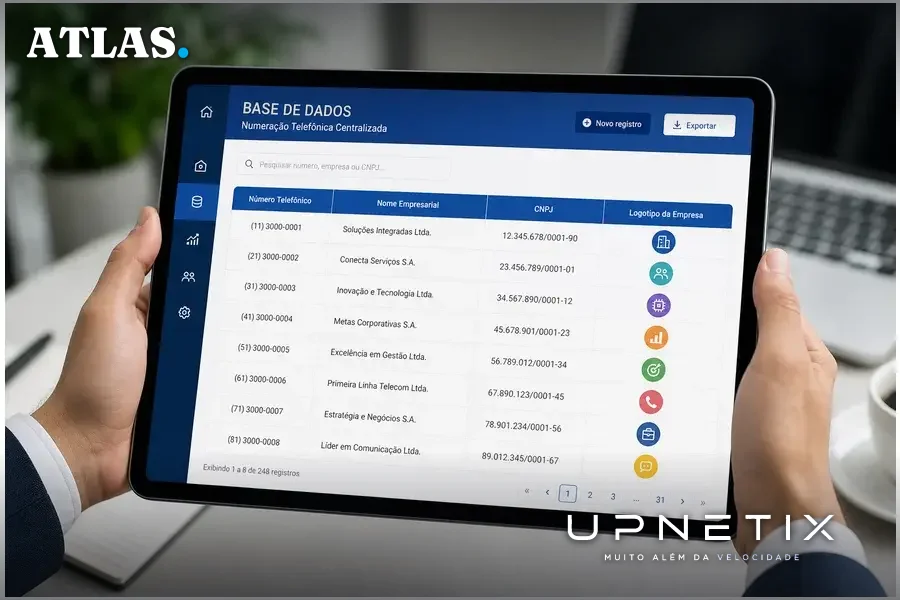 Tela digital mostrando base centralizada de recursos de numeração com dados de empresas brasileiras.