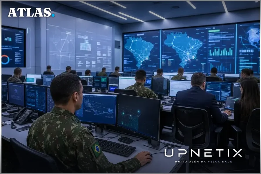 Sala de comando do Exército Brasileiro com profissionais coordenando o exercício Guardião Cibernético 8.0 em ambiente tecnológico moderno.