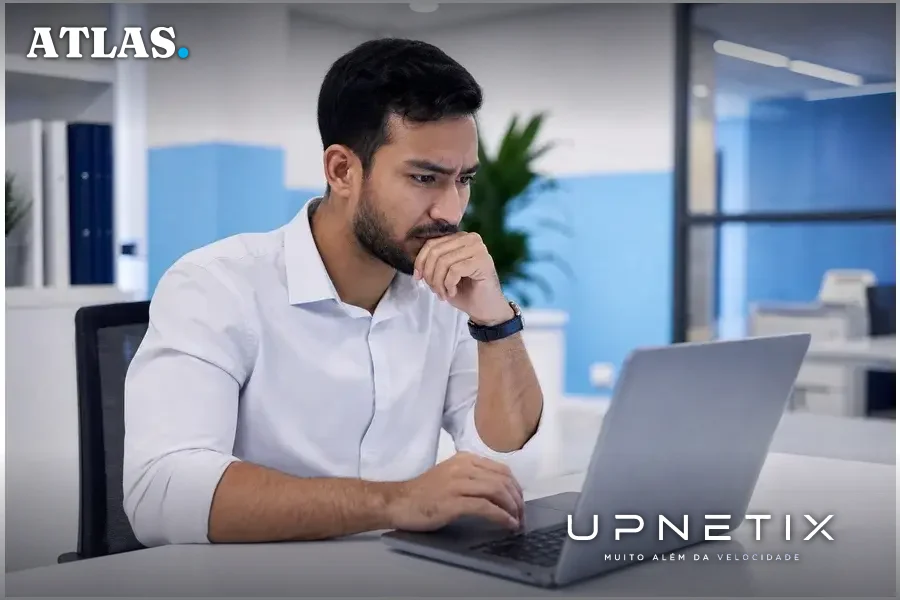 Colaborador preocupado digitando em computador representando uso não autorizado de IA.