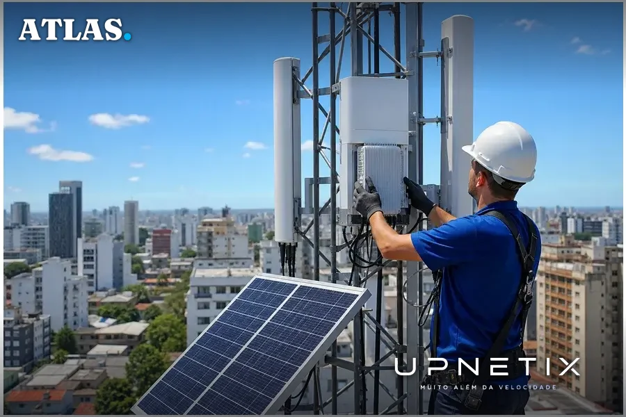 Torre de telecomunicações moderna com equipamentos compactos e eficientes energeticamente.
