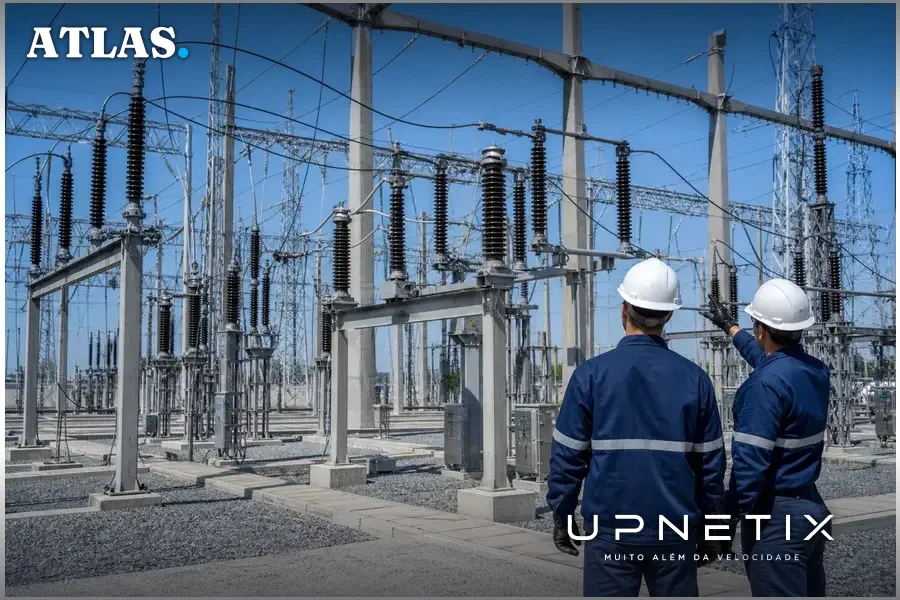 Subestação elétrica moderna com linhas de transmissão para suporte energético dos data centers.