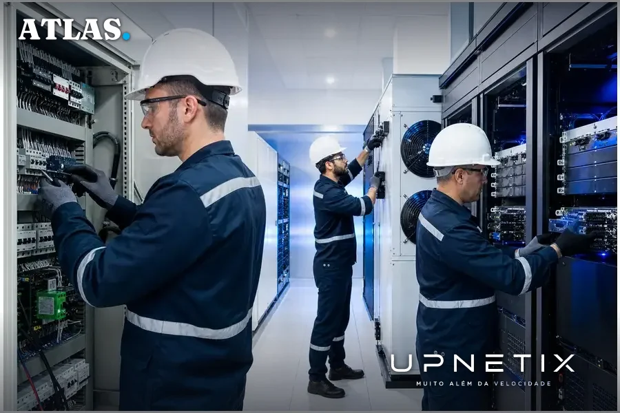 Engenheiros trabalhando em sistemas elétricos e de refrigeração de data center para suportar GPUs de IA.