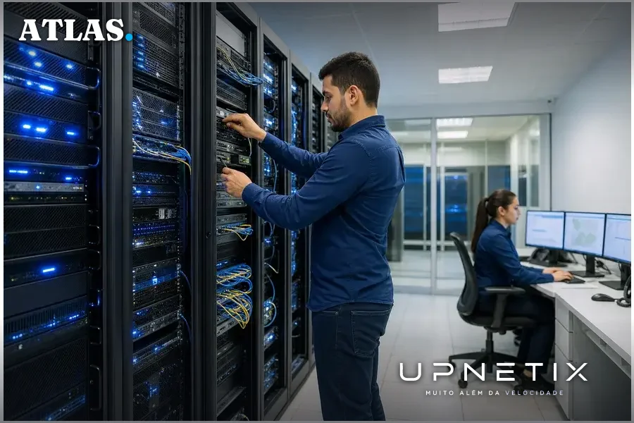 Sala de servidores de operadora móvel com racks de equipamentos de rede em ambiente corporativo.