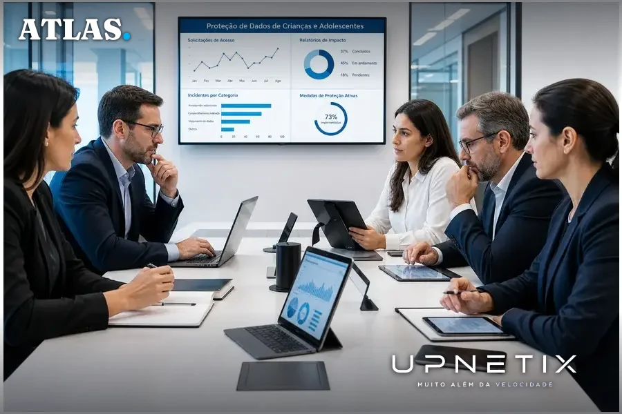 Equipe de gestores analisando dados sobre proteção de dados de menores em reunião corporativa.