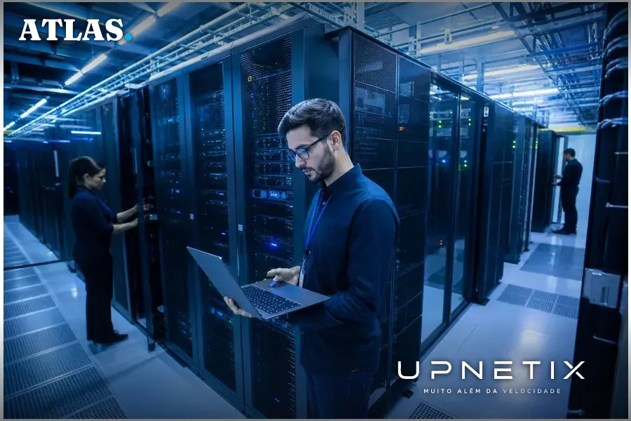Interior realista de data center da Odata com servidores e equipamentos tecnológicos.