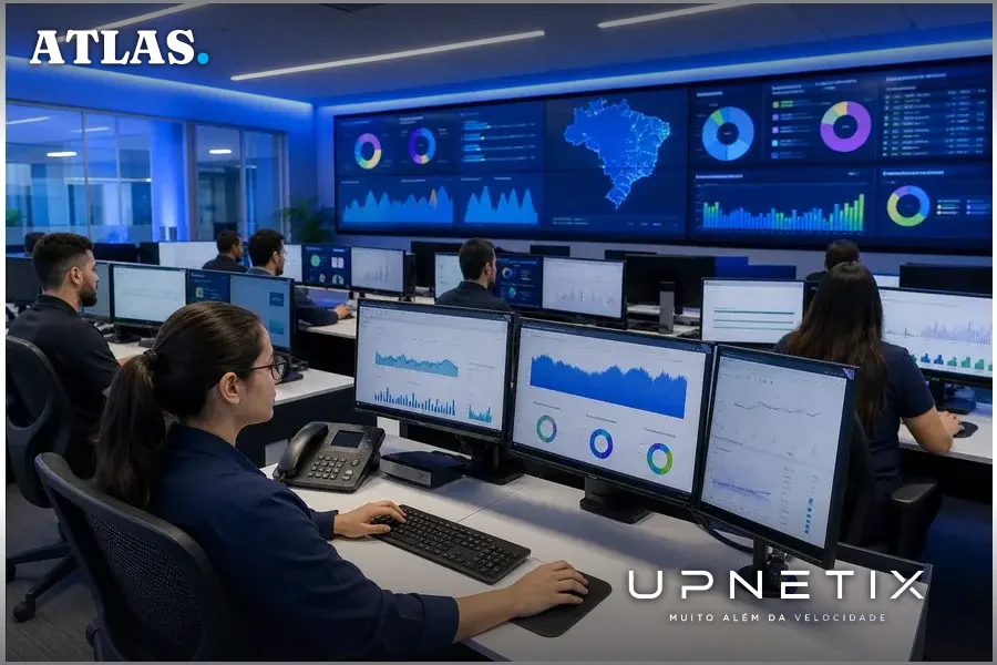 Central de telecomunicações brasileira operando com autenticação e monitoramento de chamadas, ambiente corporativo moderno.