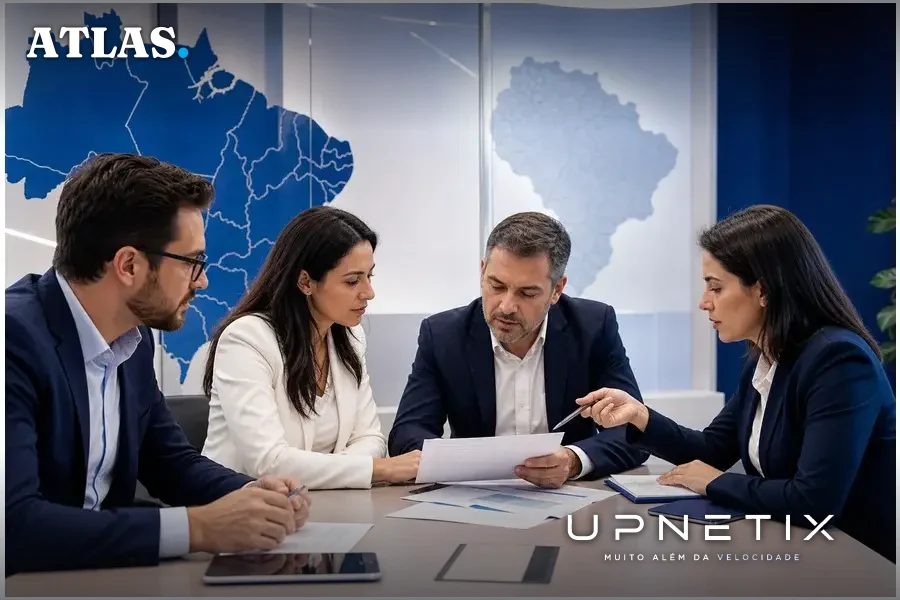 Executivos das operadoras regionais Unifique e Amazônia 5G em reunião estratégica discutindo o impacto da decisão judicial no leilão de espectro.