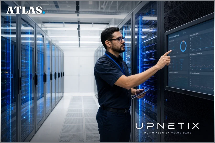 Técnico brasileiro avaliando equipamentos em data center moderno com iluminação fria e ambiente corporativo.
