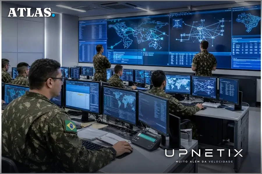 Oficiais do Exército Brasileiro monitorando operações cibernéticas em sala de comando moderna e tecnológica.
