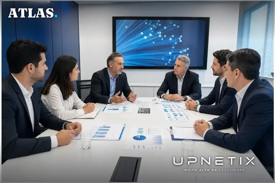 Reunião corporativa entre representantes de operadoras e fornecedores discutindo fibra óptica monomodo em sala moderna.