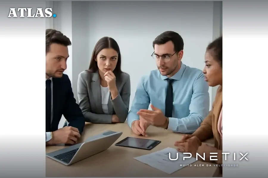 Equipe de engenharia e finanças em reunião corporativa discutindo dados em ambiente moderno.