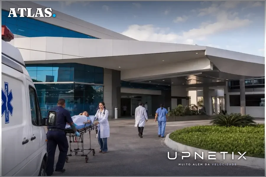 Hospital universitário federal brasileiro moderno com profissionais de saúde em atividade